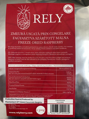 PRODUSE - Granule de zmeura liofilizata (deshidrata prin congelare) - 100% fruct.  Zmeura liofilizată este zmeura care a fost procesată prin liofilizare, un proces de deshidratare care implică congelarea fructului și îndepărtarea apei sub presiune scăzută. Acest proces menține aroma și proprietățile nutriționale ale zmeurii într-o formă uscată și ușor de păstrat. Zmeura liofilizată poate fi utilizată în diverse moduri, cum ar fi decorarea prajiturilor si a produselor de cofetarie sau adăugarea în cereale, iaurt, smoothie-uri sau ca gustare sănătoasă. 