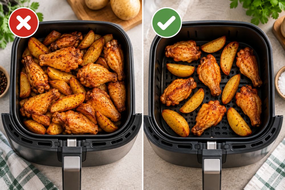 Cos Airfryer supraincarcat comparat cu alimente asezate corect pentru circulatia aerului