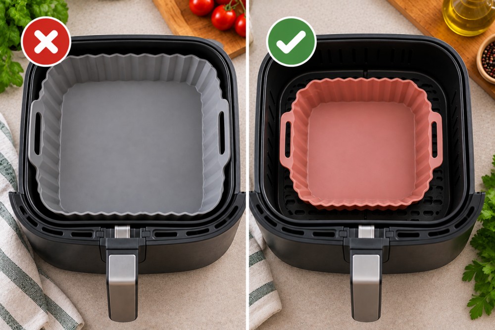 Tava pentru Airfryer asezata corect cu spatiu pentru circulatia aerului