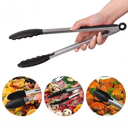 Ustensile de Bucatarie - Cleste de bucatarie 27cm pentru gatit si servire. Inox si silicon