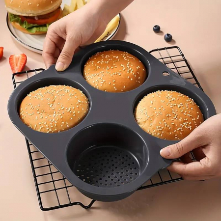 Tavi si Forme de Silicon - Tava de silicon premium mat pentru burgeri. 4 cavitati perforate pentru chifle sau carne hamburger