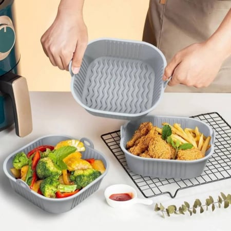 Tavi si Forme de Silicon - Tava patrata de silicon pentru friteuza cu aer cald, Airfryer, 22cm. Rezistenta la temperaturi ridicate