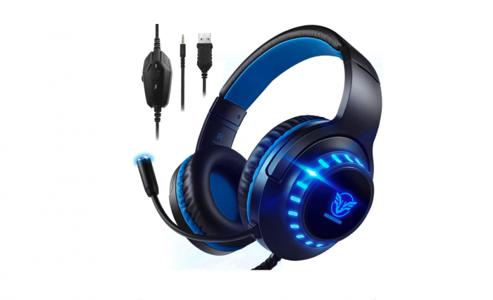 Căști de jocuri Pacrate pentru PS5/PS4/Xbox One/Nintendo Switch/PC/Mac, căști PS5 cu microfon Căști Xbox cu lumini LED, căști PS4 cu anulare a zgomotului pentru copii și adulți - albastru [1]