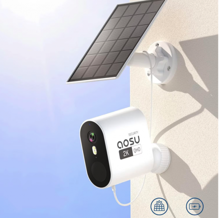 Kit de supraveghere AOSU SolarCam Pro, Incarcare Solara, 2K QHD, Vedere Nocturna, Senzor miscare, Compatibilitate Alexa, Rezistenta la apa, Alb [3]