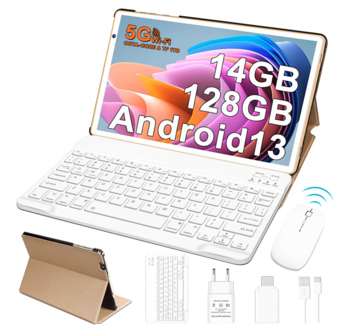 Tabletă FACETEL Tabletă Android 12 de 10 inchi Q3 5G WiFi Procesor Octa-Core Tabletă PC ultra rapidă cu 4GB RAM + 64GB ROM TF 128GB | 8000mAh | 1280 x 800 | 5MP + 8MP, Tabletă cu Mouse-Tastatură - Aur [1]