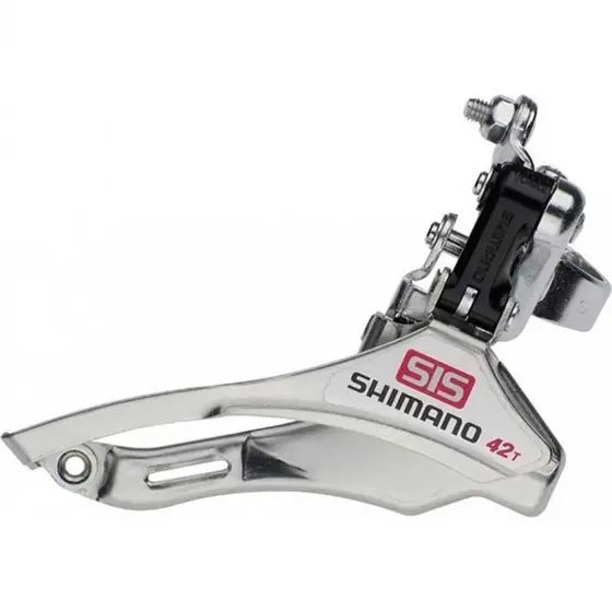 Umwerfer AFDTY10DM6, sequentiell, Kapazität 42Z, Schelle 31,8 mm, Nickel-Metall, Zugführung von unten >SHIMANO< [1]