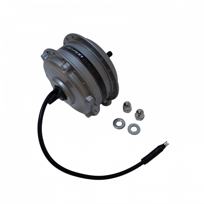 MOBI Vorderradnabenmotor mit Scheibenbremse, 36V, 250W, 36 Loch, 250 mm Kabel, Julet 6-Pin Stecker, Edelstahl, Dunkelsilber, mit Devron-Aufklebern [1]