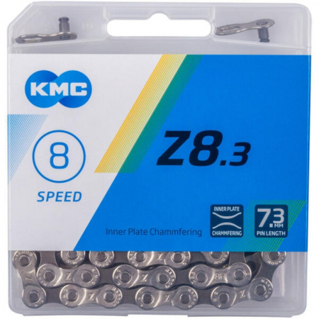 Fahrradteile - Kette Z-8.3 NPGY 1/2"×3/32" + Schnellverschluss CL573R, kompatibel mit 8-Gang, sequenziell montierbar, geliefert auf 150-m-Rolle, grau/grau – KMC