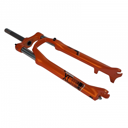 Fahrradteile - HLO-DS 27,5" Federgabel, Krone + Casting Orange YS2114-1, ohne V-Brake-Aufnahmen, 1 1/8" x 195 mm Gewindeschaft, Spiralfeder, Lockout, Post Mount Scheibenbremse, ohne M5, 100 mm Federweg, mit SR-Aufkl