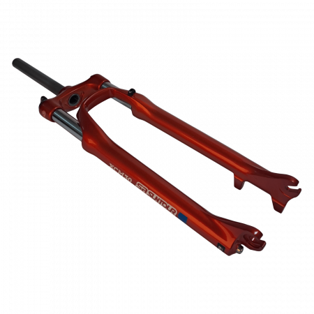 Fahrradteile - Federgabel YS-7497, Gabelkopf + Beine orange, 220 mm ohne Gewinde, Spiralfeder, Post Mount Scheibenbremse, Remote Lockout, 100 mm Federweg, mit SR SUNTOUR Aufkleber, ohne M5-Gewinde, ohne V-Brake-Aufn