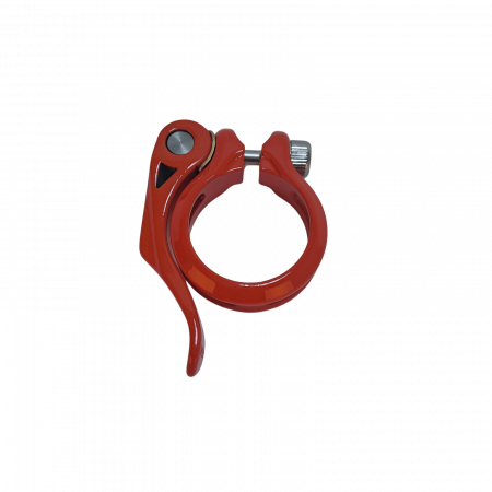 Fahrradteile - Sattelschelle mit Schnellspanner MD-K05, 34,9 mm Durchmesser, Aluminium, Rot, mit Devron YS740 Logo