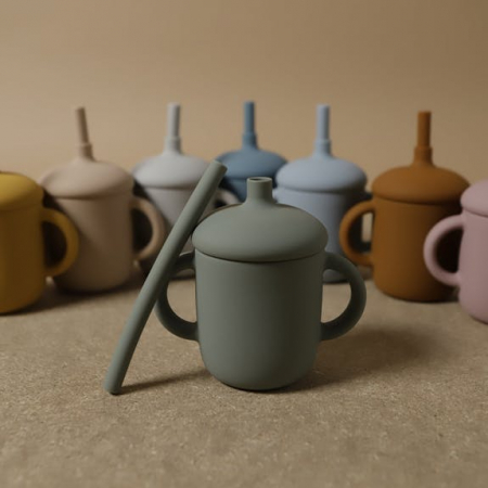 Cana de silicon cu capac si pai "Sippy" Laurel Green [5]