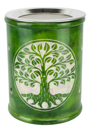 Aromaterapie - Vas de piatra cu tavita de inox pentru tamaiat, verde, model Copacul vietii