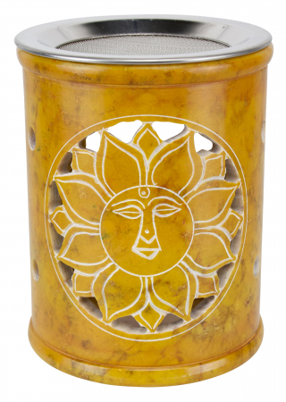 Aromaterapie - Vas de piatra cu tavita de inox pentru tamaiat, galben, model Soare
