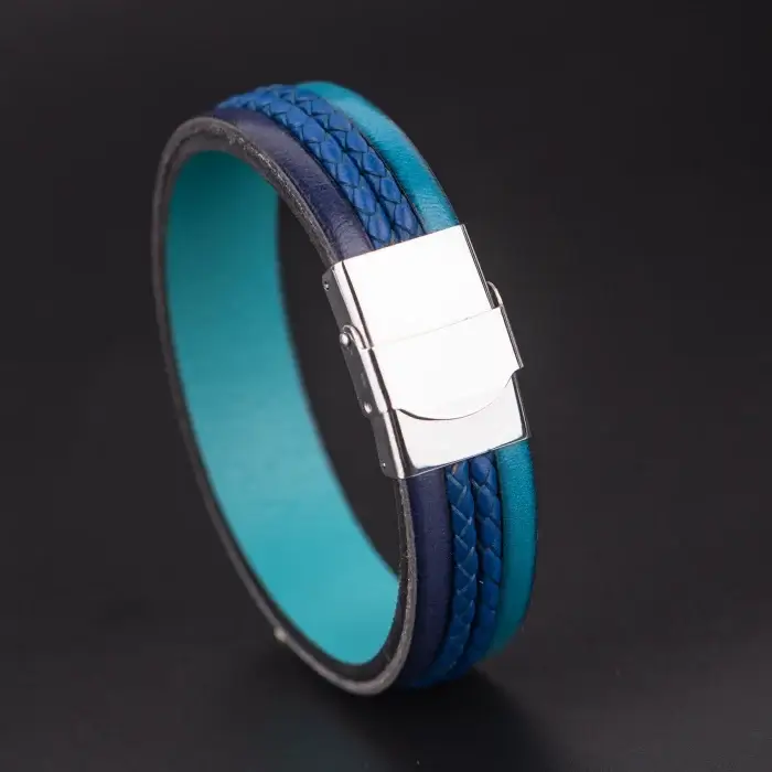 Bratara Barbati din piele Wide Strips - Albastru [3]