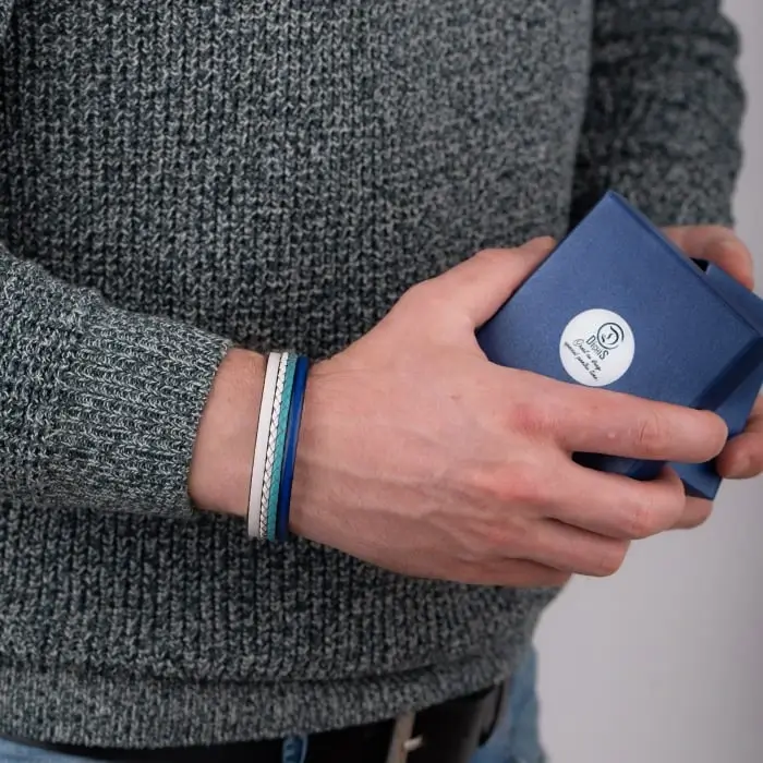 Bratara Barbati din piele Wide Strips - Albastru - Alb [4]