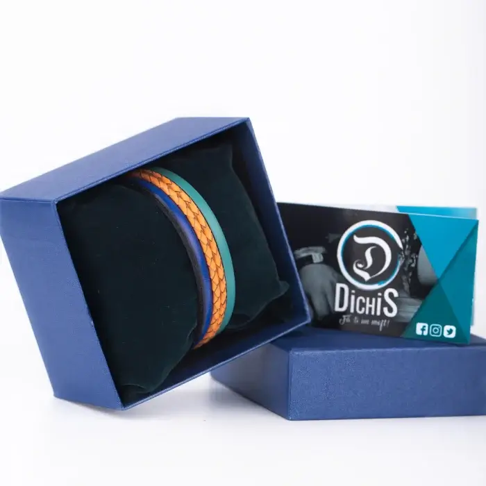 Bratara Barbati din piele Wide Strips - Albastru - Orange - Cyan [3]