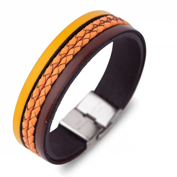 Bratara Barbati din piele Wide Strips - Maro cognac - Galben [3]