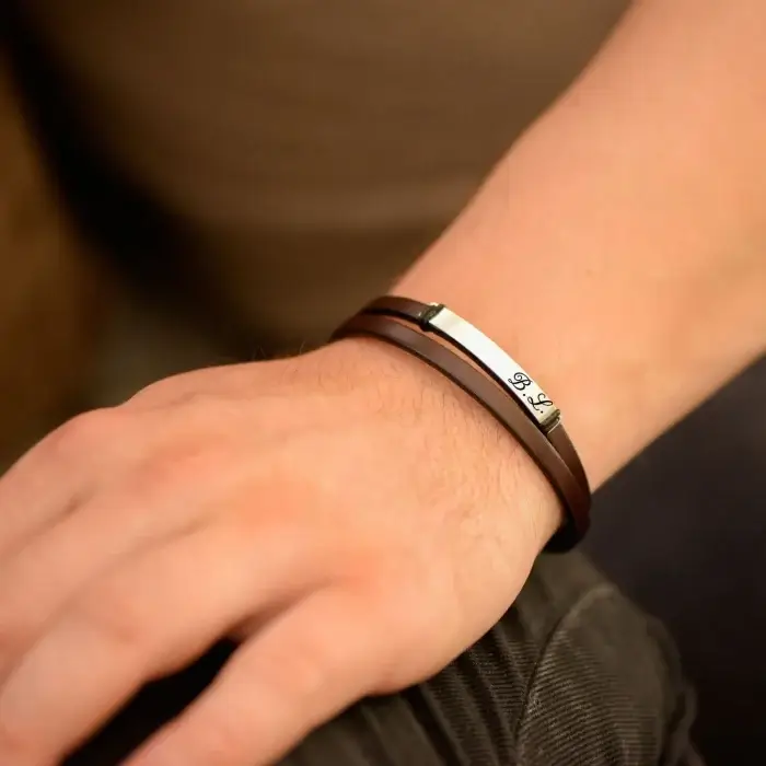 Bratara cu Nume din Piele si Argint  - Cadou pentru Barbati [3]