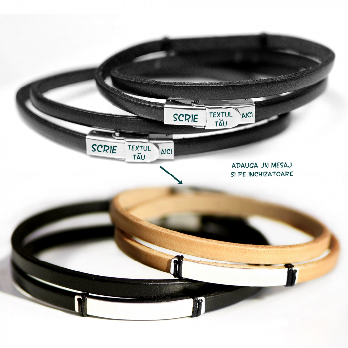 Set de bratari de piele subtire PERSONALIZABILE cu placuta din argint model wrap pentru cuplu [6]