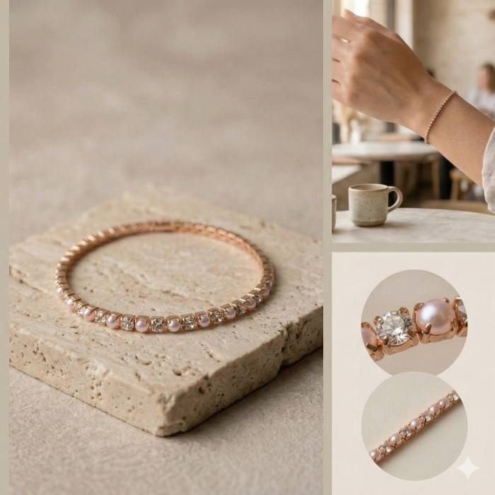 Bratara Tennis cu Perle Rose Gold – Elastica, Dama, Cadou [3]