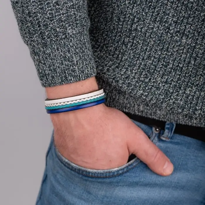 Bratara Barbati din piele Wide Strips - Albastru - Alb [2]