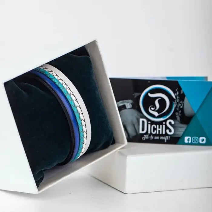 Bratara Barbati din piele Wide Strips - Albastru - Alb [1]