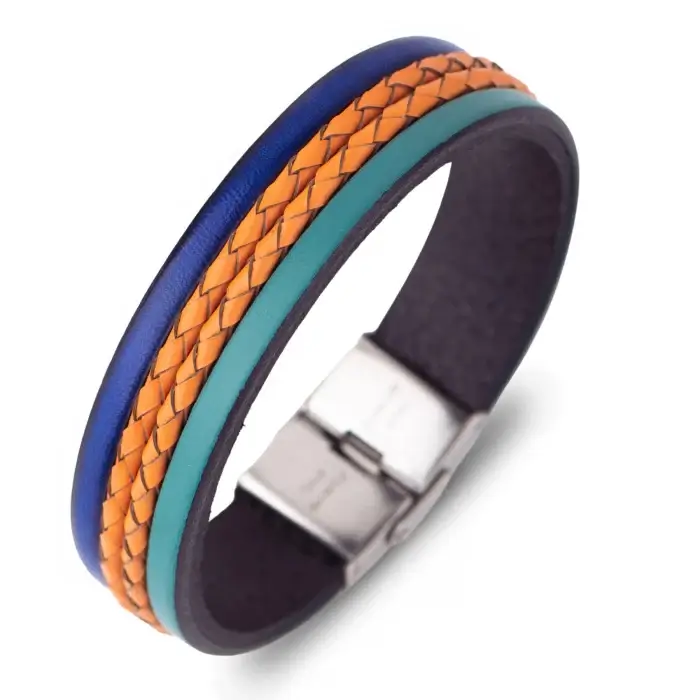 Bratari - Bratara Barbati din piele Wide Strips - Albastru - Orange - Cyan