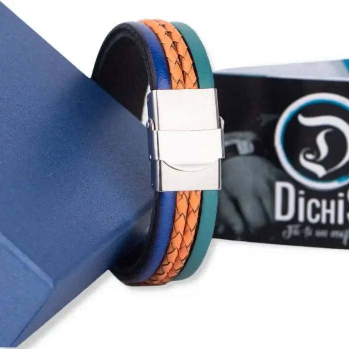 Bratara Barbati din piele Wide Strips - Albastru - Orange - Cyan [3]