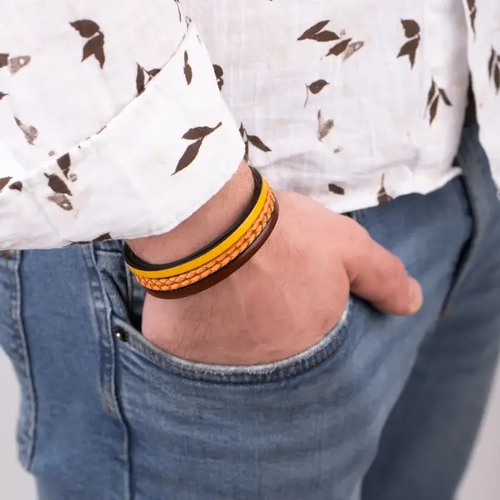 Bratara Barbati din piele Wide Strips - Maro cognac - Galben [1]