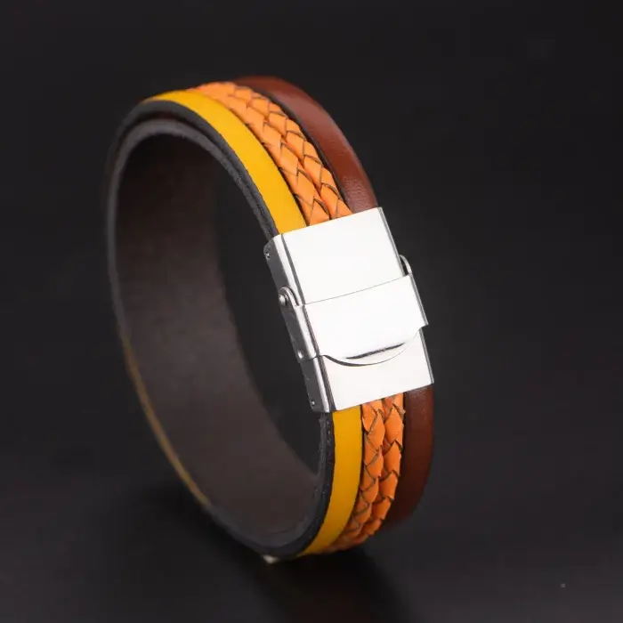 Bratara Barbati din piele Wide Strips - Maro cognac - Galben [2]