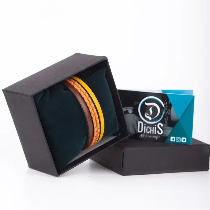 Bratara Barbati din piele Wide Strips - Maro cognac - Galben [3]