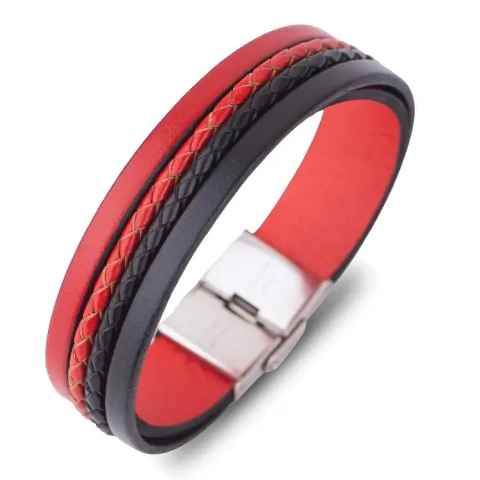 Bratara Barbati din piele Wide Strips - Rosu si Negru [1]