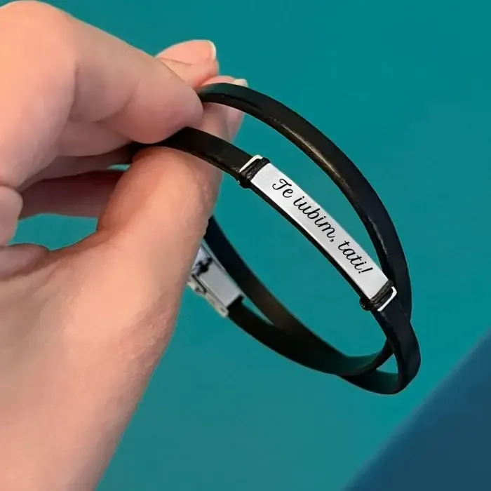 Bratara Barbati Piele si Argint, Personalizabila, Placuta de Argint 925 Gravata [1]