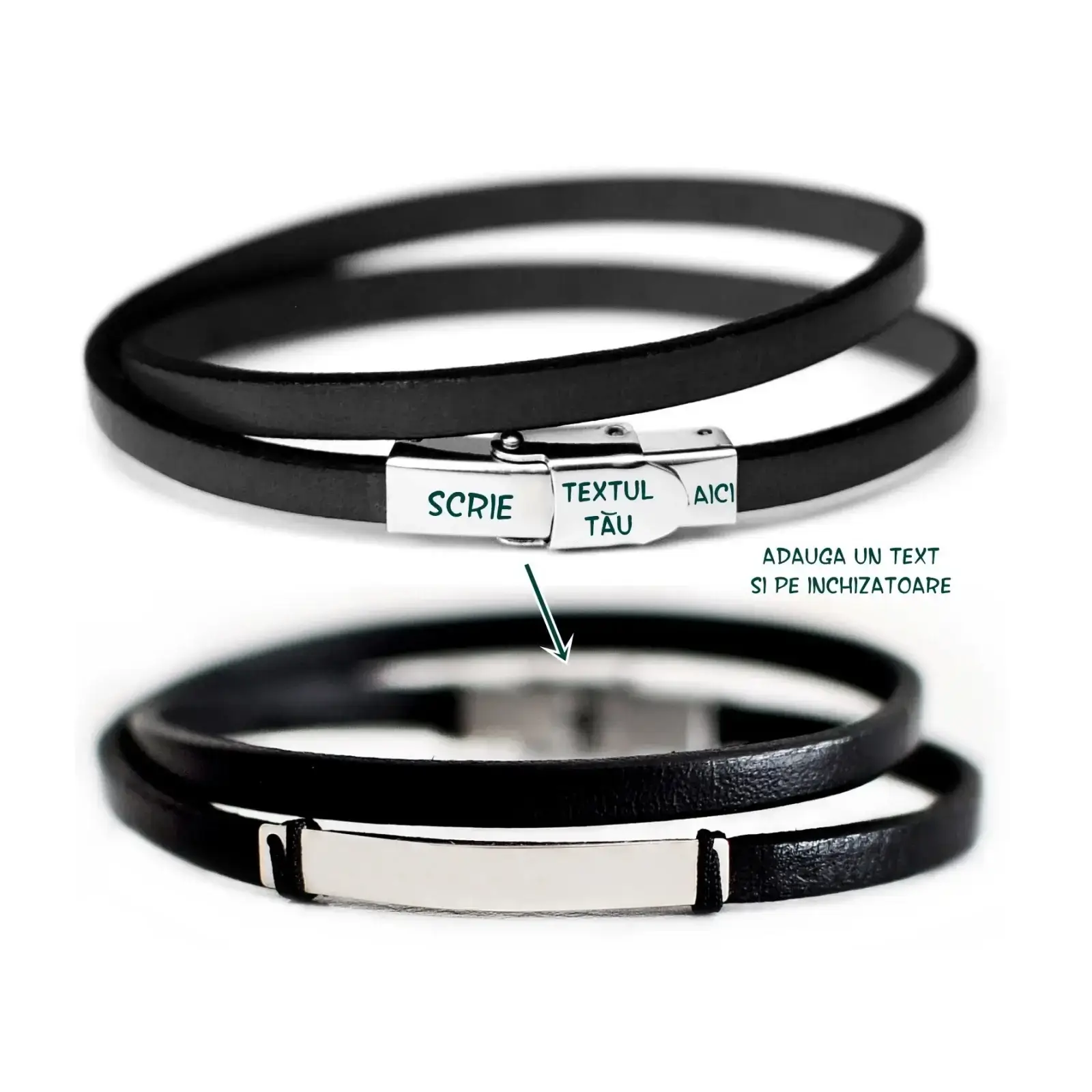 Bratara de piele subtire PERSONALIZABILA cu placuta din argint pentru barbati [5]