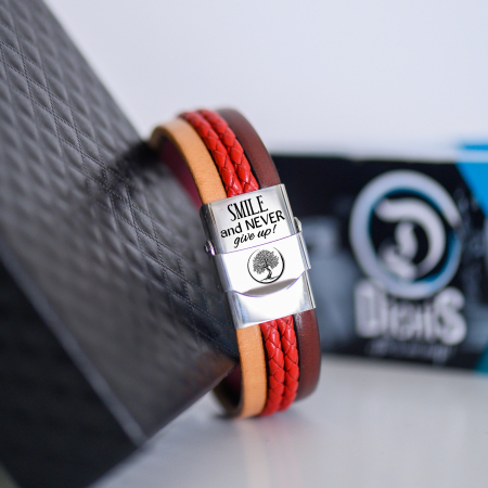 Bratari Personalizate pt CUPLURI indragite - Bratara lata de piele cu mesaj, Smile and never give up