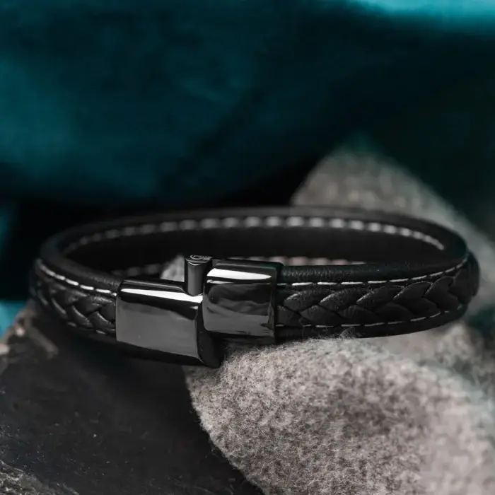 Bratara pentru barbati din Piele Premium - Crom Negru [4]