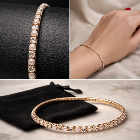 Bratara Tennis cu Perle Rose Gold – Elastica, Dama, Cadou [4]