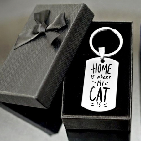 Brelocuri - Breloc-Chei-Personalizat-Cu-Mesaj-home-is-where-my-cat-is