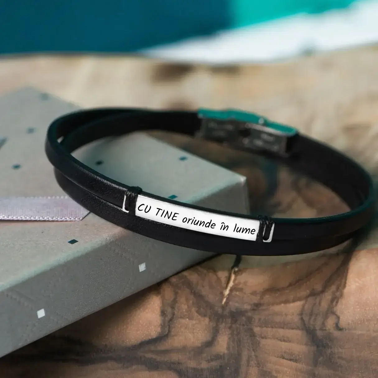 Cadou pentru Iubit - Bratara din Piele si Argint - mesaj Cu tine [2]