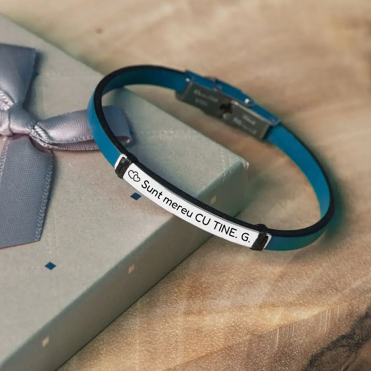 Cadou pentru Iubit - Bratara din Piele si Argint - mesaj Cu tine [1]