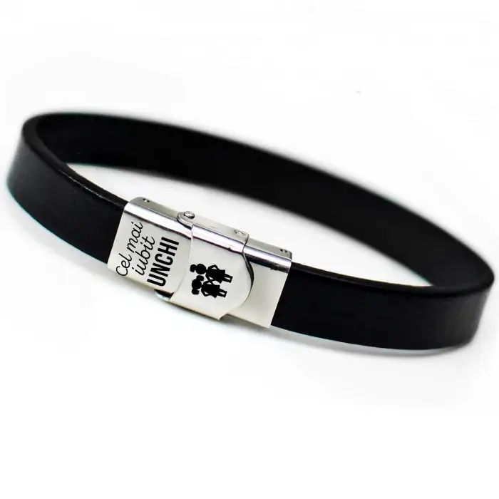 Bratari - Bratara din piele cu mesaj personalizat pentru unchi, inchizatoare inox