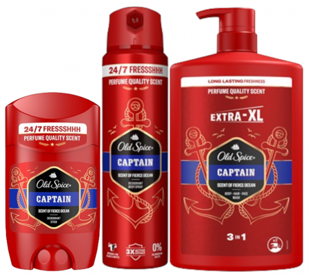 Ingrijire personala - Pachet Promo, Old Spice, Captain, Antiperspirant + Deodorant + Gel De Dus, 50 ml + 150 ml + 1L