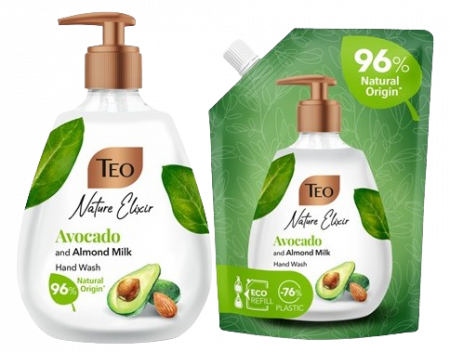 Gel dus si sapun - Pachet Promo Teo, Nature Elixir Avocado & Lapte Migdale, Sapun 300 ml + Rezerva 500 ml
