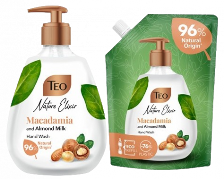 Gel dus si sapun - Pachet Promo Teo, Nature Elixir Macadamia & Lapte Migdale, Sapun 300 ml + Rezerva 500 ml