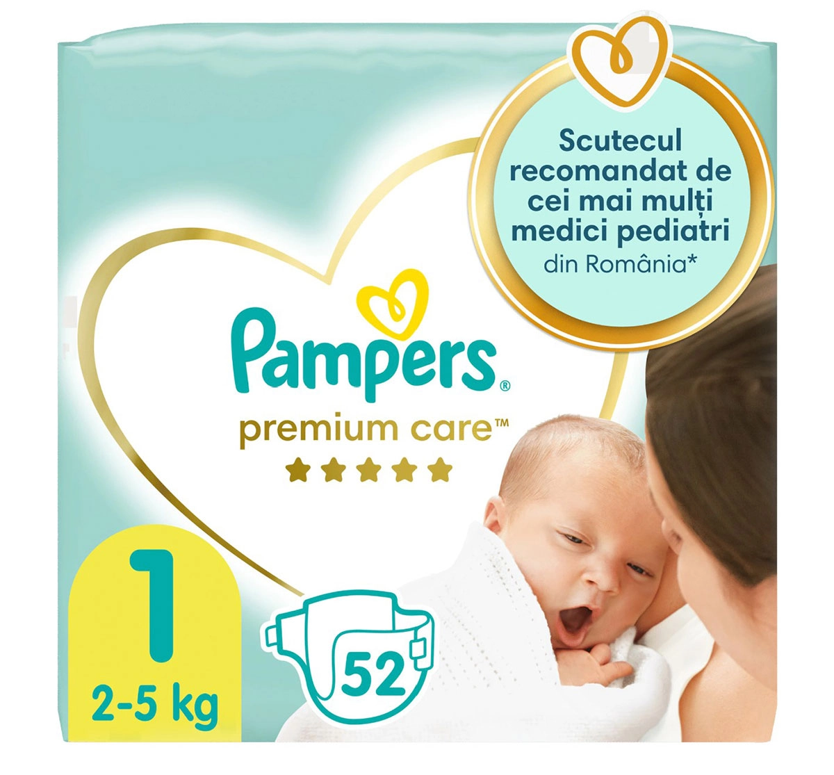 Ingrijire bebe - Scutece Premium Care Newborn, Pampers, Marime 1, 2-5 kg, 52 buc