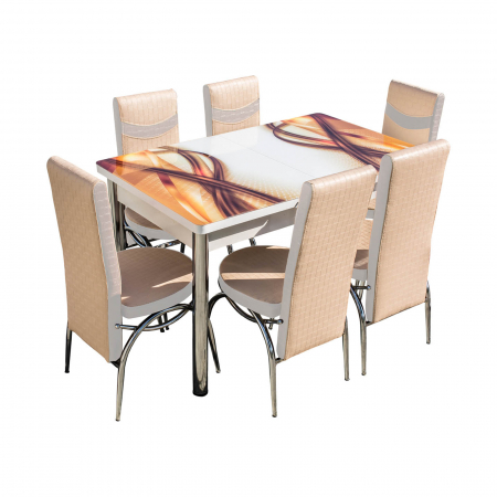 Set Lara, masa extensibila cu 6 scaune, crem panglica, 130/165x80x79 cm