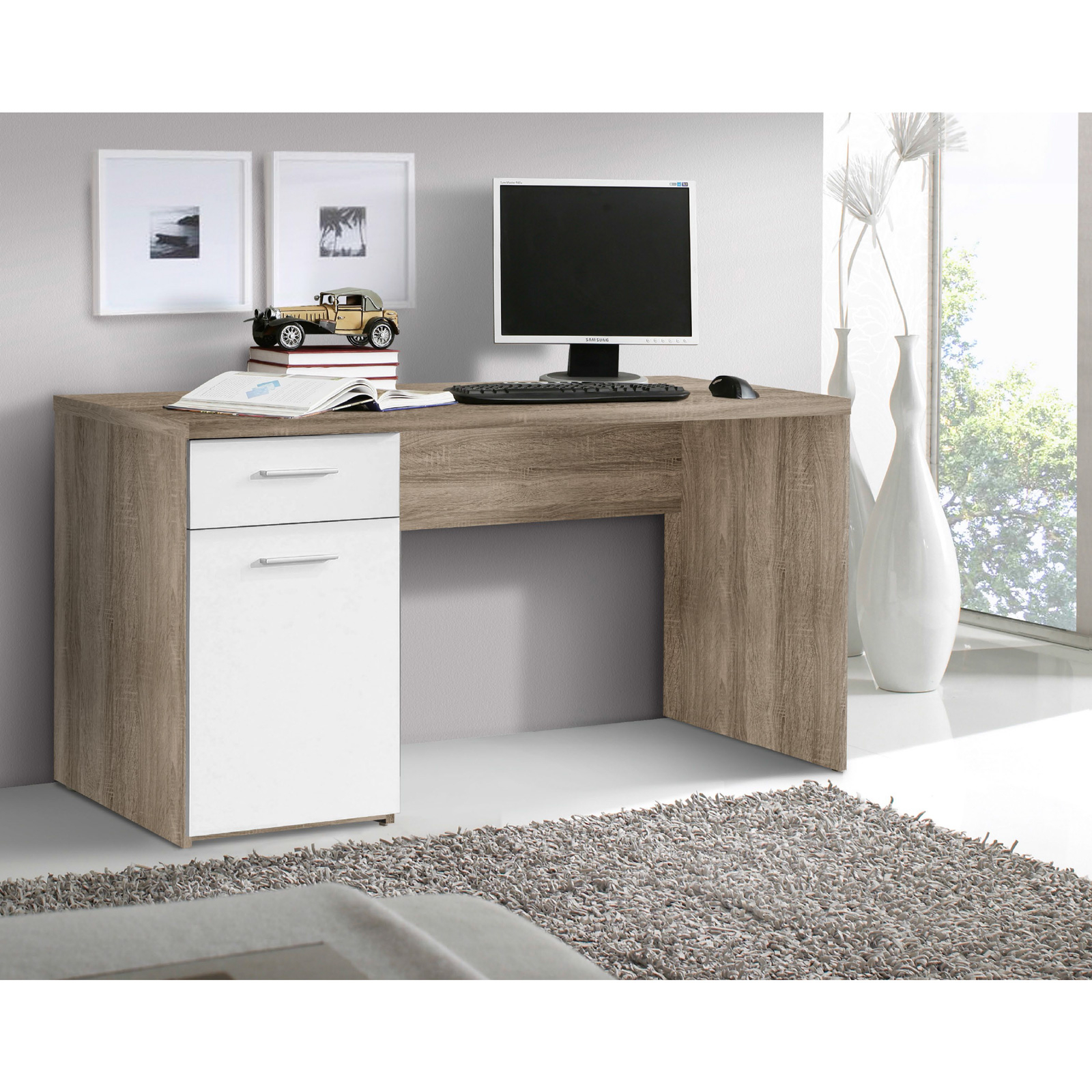 Birouri - Birou MT 936-C921, cu sertar si usa, sonoma + alb, 140x60x76.5 cm - ExpoMob
