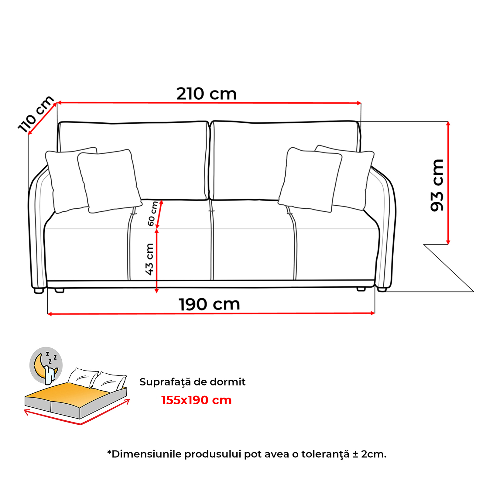 Promo - Canapea extensibila BER210S, 3 locuri, cu arcuri si lada depozitare, 210x110x90 cm - ExpoMob