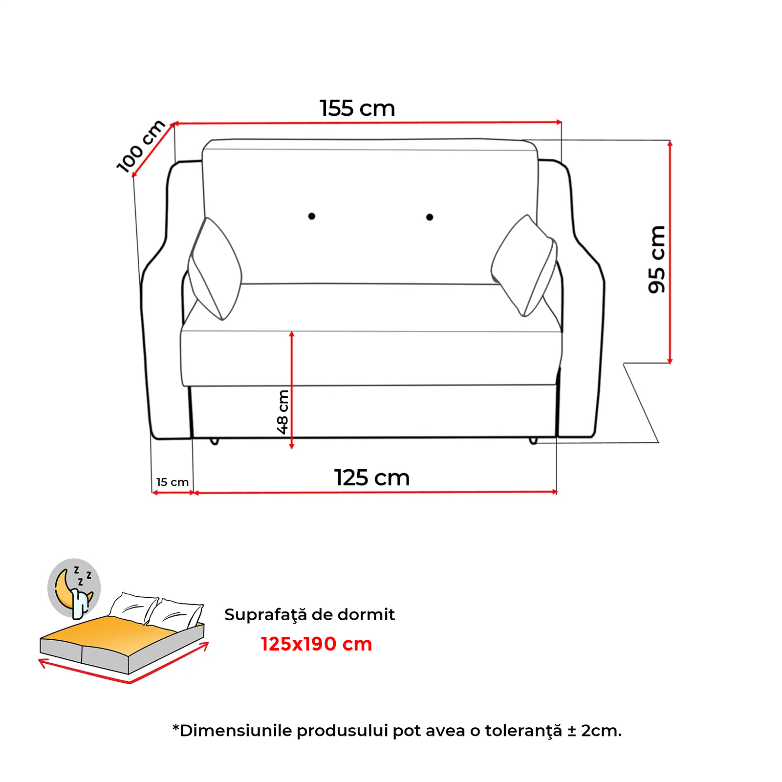 Colectia Gina - Canapea extensibila GIN155, 2 locuri, cu arcuri si lada depozitare, 155x100x95 cm